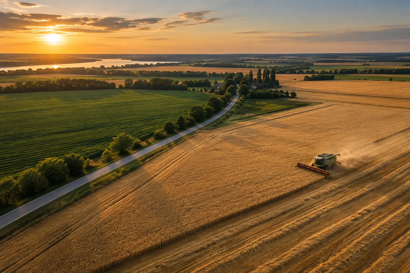 Aerial agricultural fields at golden hour